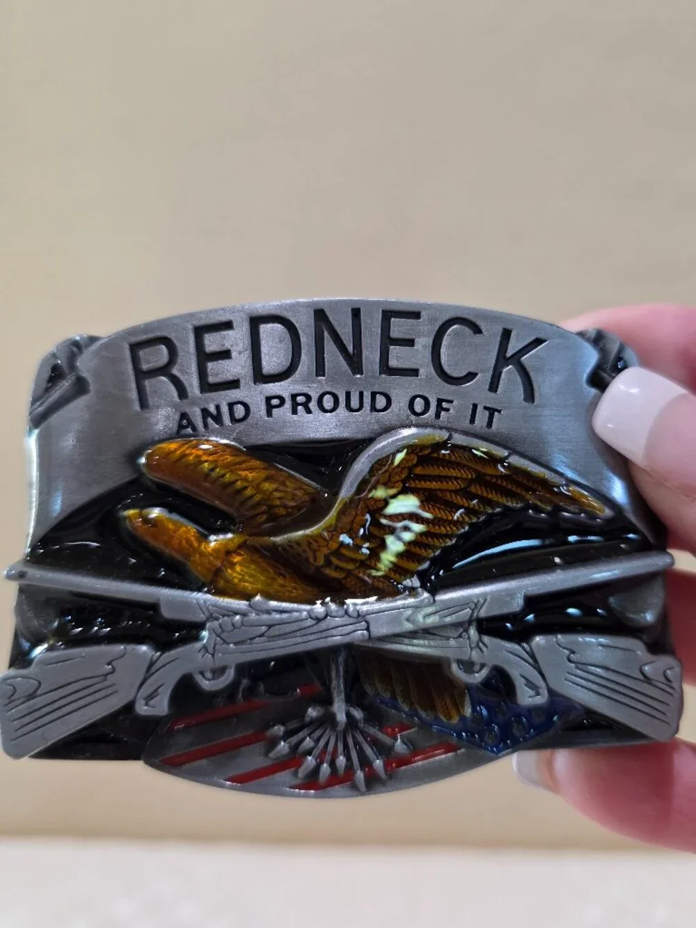 Vintage REDNECK AND PROUD OF IT American Eagle Rifles Flag 3D NOS Belt Buckle